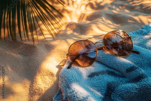 Sunglasses resting on towel on sandy beach at sunset with palm tree shadow