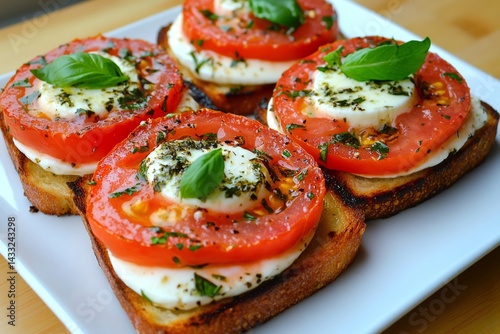 Obraz na płótnie Delicious bruschetta with tomatoes, mozzarella and basil drizzled with olive oil w salonie