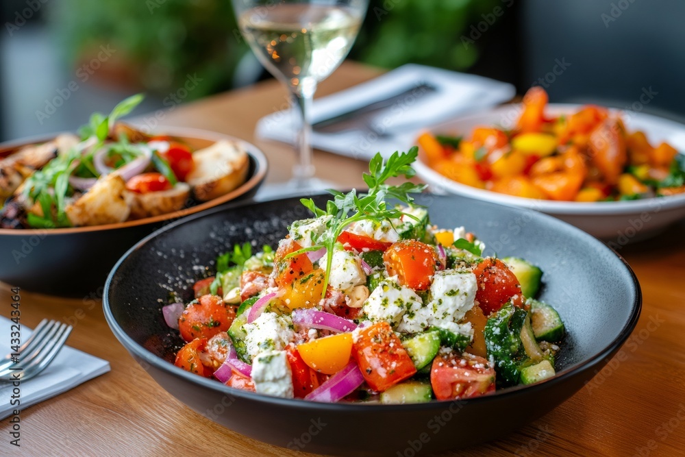 Delicious greek salad with feta cheese, tomatoes, and cucumber enjoying a restaurant meal