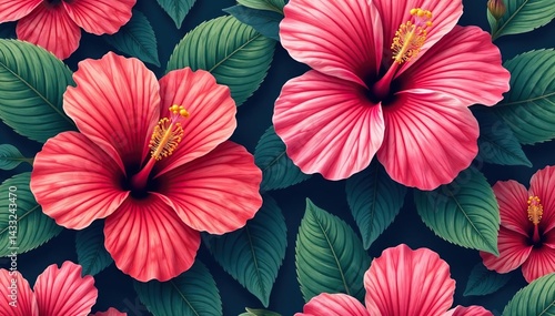 Wallpaper Mural Bold, vibrant hibiscus flowers in a tropical, lively repeat pattern , background, tropical, design Torontodigital.ca