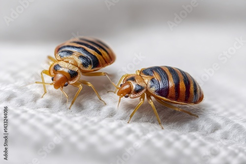 Bed bugs crawling on white fabric, pest control problem