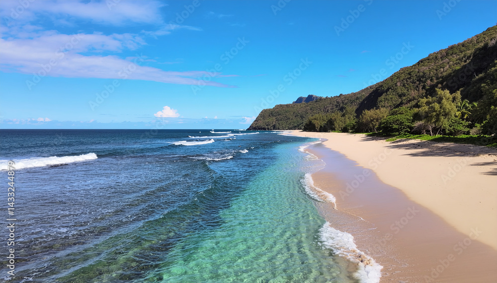 Fototapeta premium serene beach scene featuring clear turquoise waters gently lapping against sandy shore, framed by lush green hills under bright blue sky. tranquil atmosphere invites relaxation and exploration