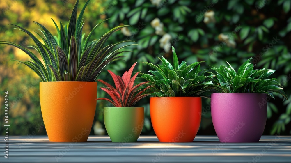 Obraz premium Colorful flower pots aligned on stone ledge with green background and natural lighting