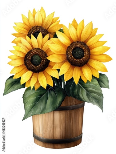 Sunflowers blooming in wooden pot on white background