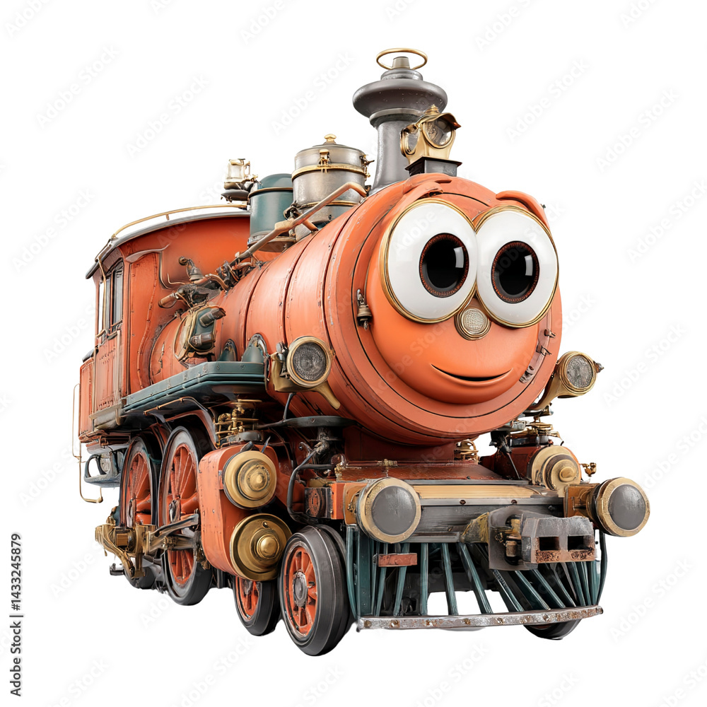 Fototapeta premium Friendly Orange Steam Locomotive with Big Eyes - Animated Train Character