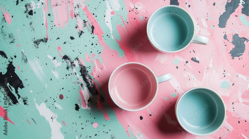 Creative paint splatter background with pastel bowls in top-down minimal flatlay composition Creative paint splatter background with pastel bowls in top-down minimal flatlay composition