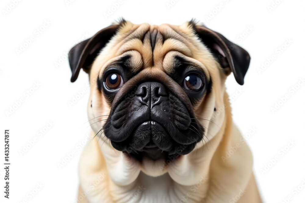 Close-up of a pug, isolated on white backdrop, dog, pug, pet Close-up of a pug, isolated on white backdrop, dog, pug, pet