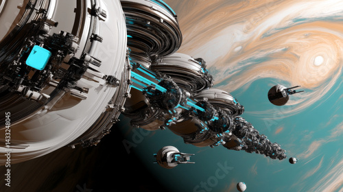 Futuristic spacecraft approaching gas giant in deep space environment