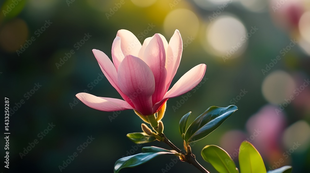 Fototapeta premium Pink magnolia blossom in soft focus highlighting its delicate petals against a bokeh background.