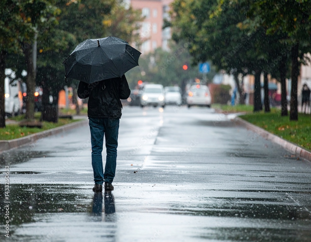 Obraz premium Person Holding Umbrella Walking Alone in Rain