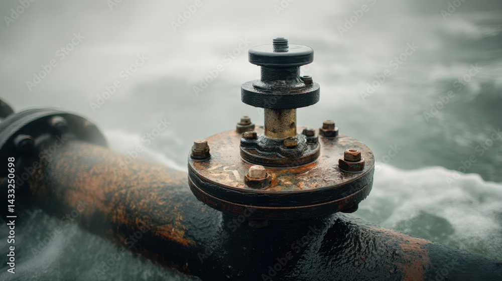 Obraz premium Close up of drain valve offshore pipe, surrounded by sea mist and water, showcasing industrial design and weathered texture