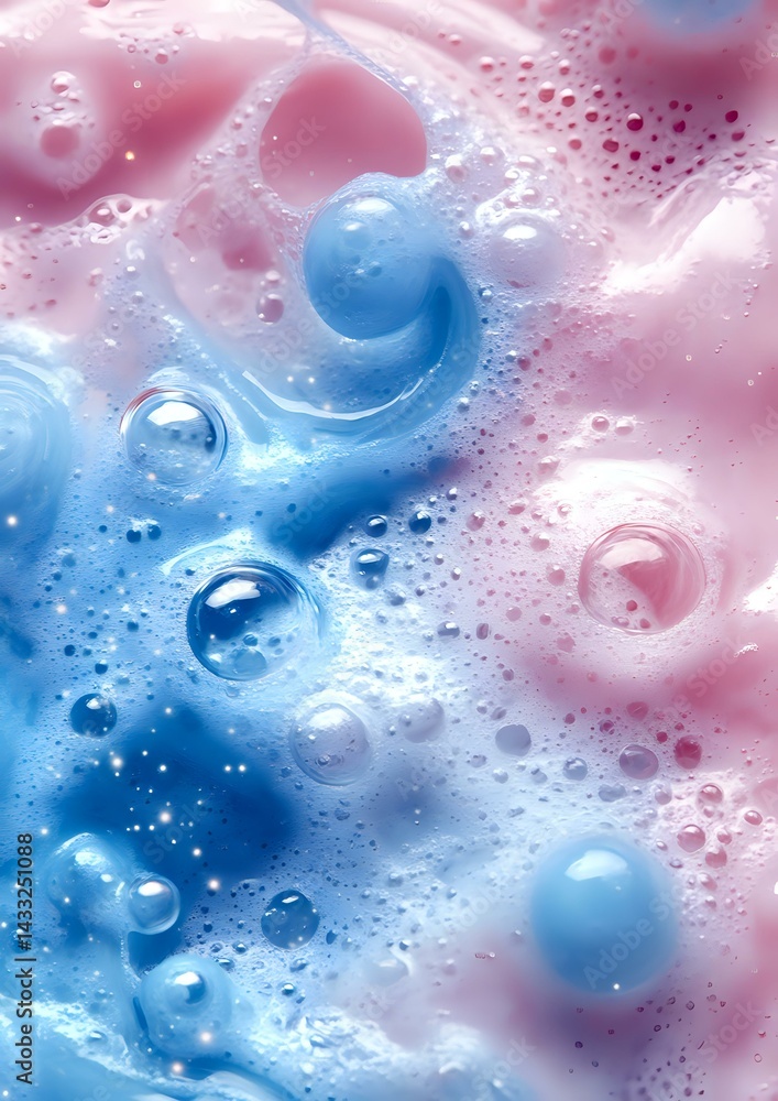 Abstract liquid art background with pink and blue swirling colors, water drops and bubbles creating dreamy cosmic effect. Suitable for beauty product packaging. Abstract liquid art background with pink and blue swirling colors, water drops and bubbles creating dreamy cosmic effect. Suitable for beauty product packaging.