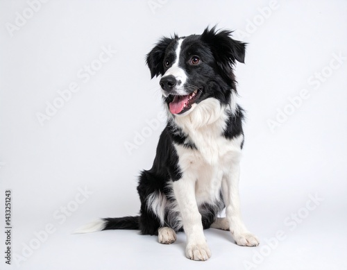 A playful black and white dog sits happily against a plain background, showcasing its friendly demeanor and fluffy fur.