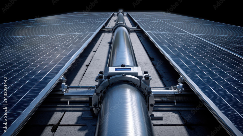 Obraz premium Close up of solar panel system with metallic pipe, showcasing modern renewable energy technology and innovation