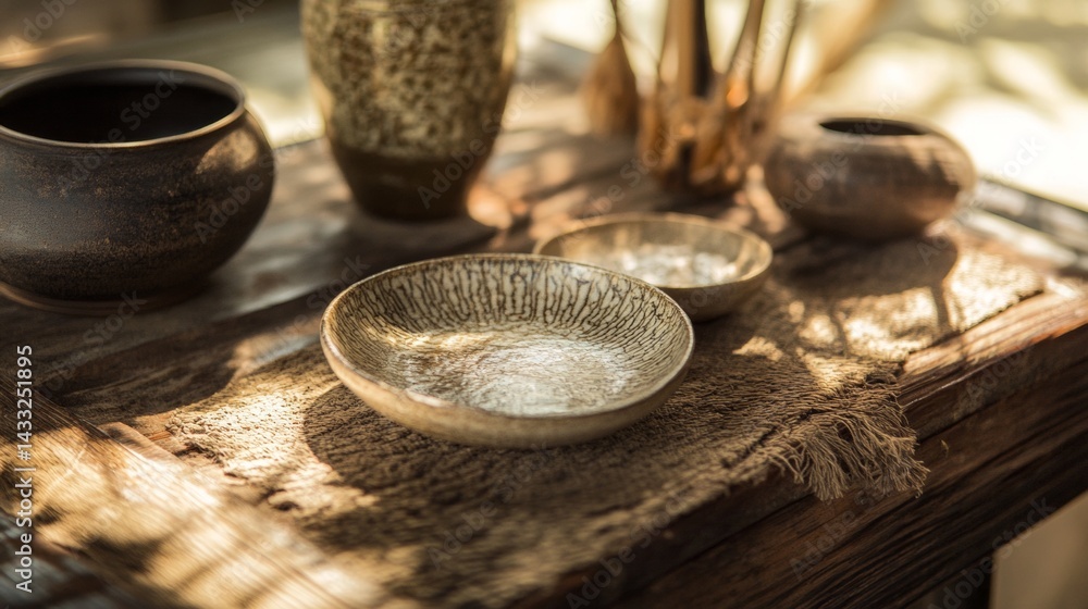 Ceramic tea set on wooden table with incense in warm cozy ambient morning light setting Ceramic tea set on wooden table with incense in warm cozy ambient morning light setting