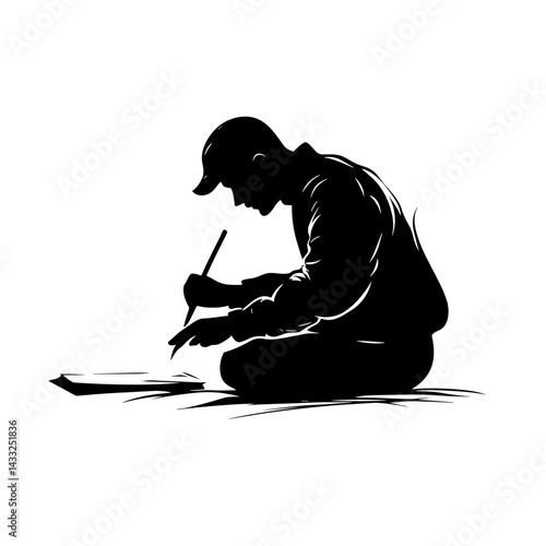 Silhouette of a person drawing or writing in black and white for art and education contexts
