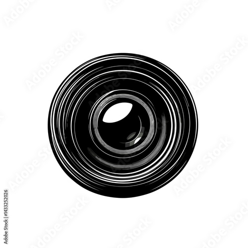 Camera lens illustration in black and white for photography and videography applications