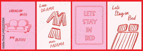 Set of homebody posters with Cozy aesthetic quote prints, hand drawn doodles in girly pink and red colors. Perfect for wall decors, home, office, contemporary interior, postcards, banners.