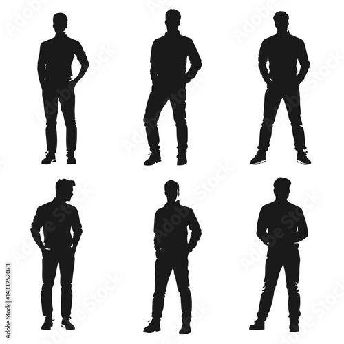 Set of silhouetted men in various poses in black and white for business and lifestyle applications