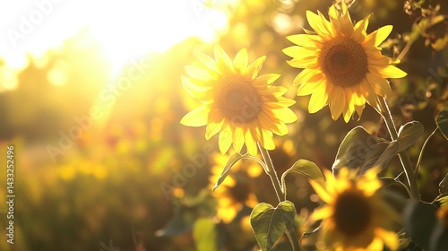 Sunflowers bathed in golden sunlight