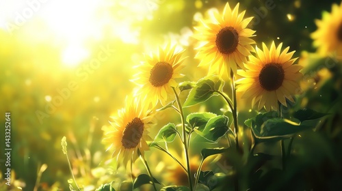 Sunlit sunflower field.  Golden hour