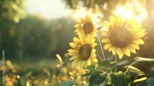Sunny sunflower field at golden hour