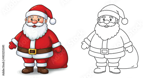 Santa Claus Illustration: A cheerful Santa Claus in his traditional red suit and carrying a large sack, presented with a colored version and a line art version. Perfect for Christmas cards.