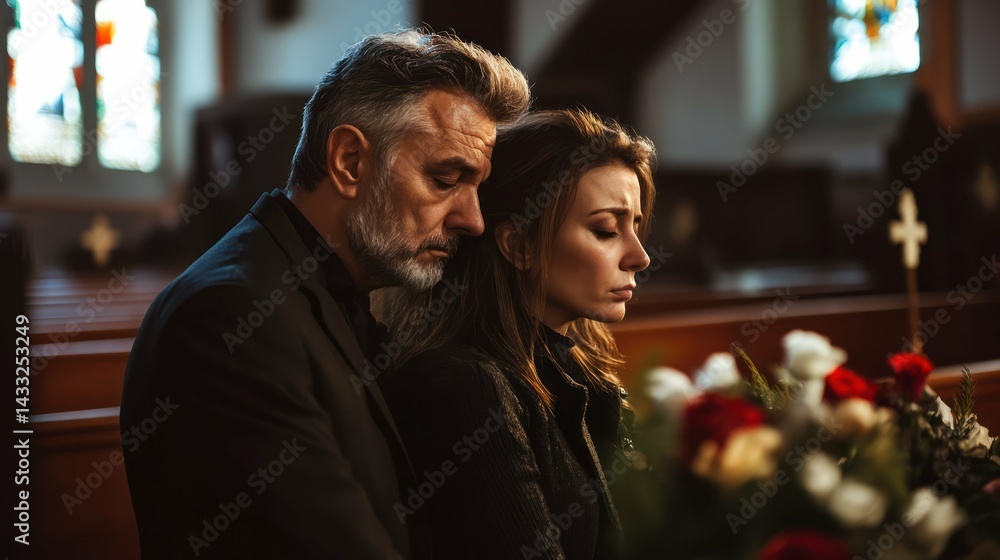 Caucasian man, woman mourning at funeral, expressing sorrow, providing support, showing grief, with respect. Caucasian man, woman mourning at funeral, expressing sorrow, providing support, showing grief, with respect.