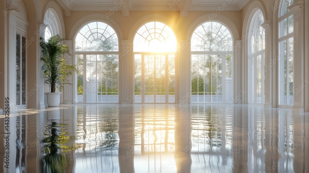 Serene Sunlight Reflections in Elegant Architectural Interior Space with Glossy Floor Serene Sunlight Reflections in Elegant Architectural Interior Space with Glossy Floor