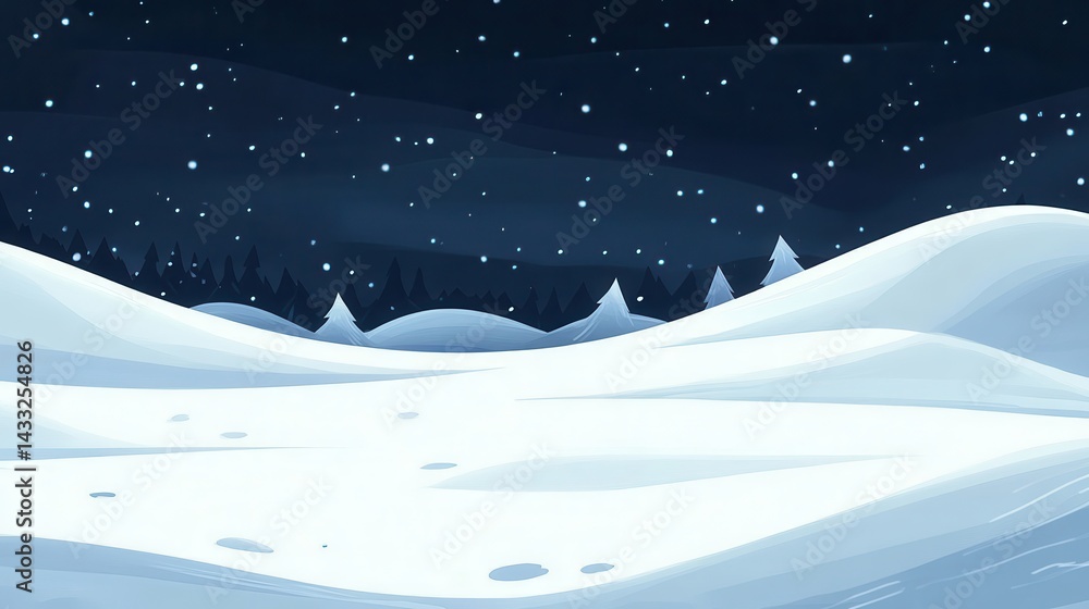 Serene Winter Scene with Snowy Hills and Starry Night Sky Serene Winter Scene with Snowy Hills and Starry Night Sky