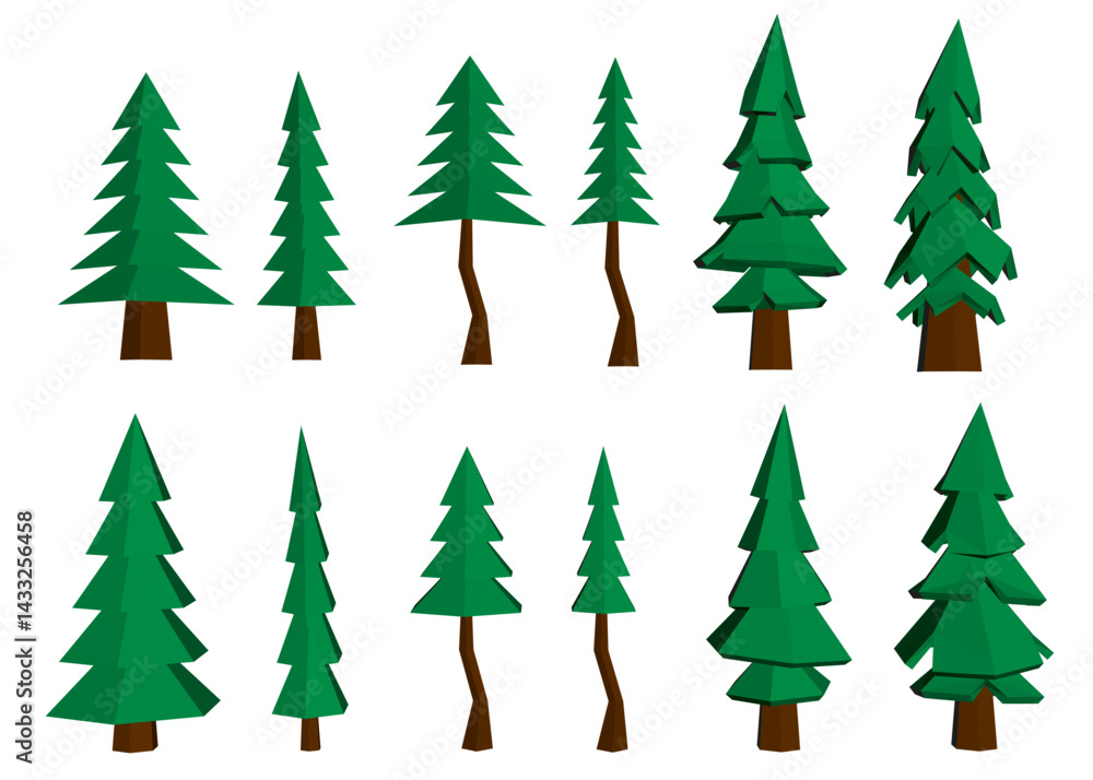 A series of trees are shown in various sizes and positions. The trees are all green and have brown trunks. Concept of nature and tranquility, as the trees are depicted in a peaceful setting A series of trees are shown in various sizes and positions. The trees are all green and have brown trunks. Concept of nature and tranquility, as the trees are depicted in a peaceful setting