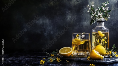 Still life with lemons, oil bottle and herbs on black background in moody food photography style