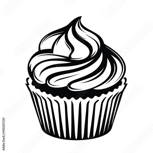 Cupcake with Swirled Frosting Black and White Illustration, Dessert, Sweet, Confectionery