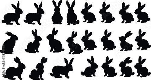 Black side silhouette of a rabbit on white background falt collection