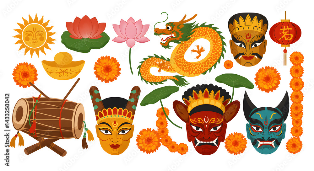 Fototapeta premium collection of cultural symbols from India and East Asia, including sun motif, dragon, lotus flower, marigolds, dhol drums, traditional masks, colorful flat design, vector illustration