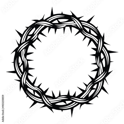 Crown of Thorns Silhouette, Religious Symbol, Dark Vine Branches, Isolated on White