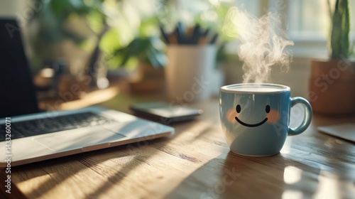 Steaming coffee mug sits, laptop nearby, desk plants provide soft background, cozy workspace vibe emanates.