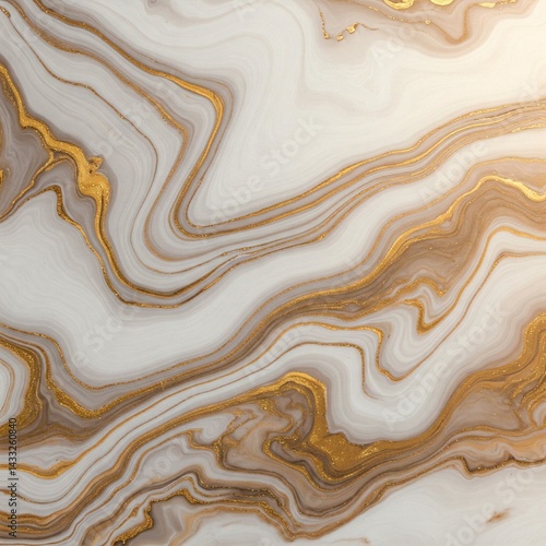 A highly detailed marble surface with natural white and cream base tones, embedded with shimmering gold veins and occasional swirl patterns. The texture appears smooth, polished, and luxurious, resemb