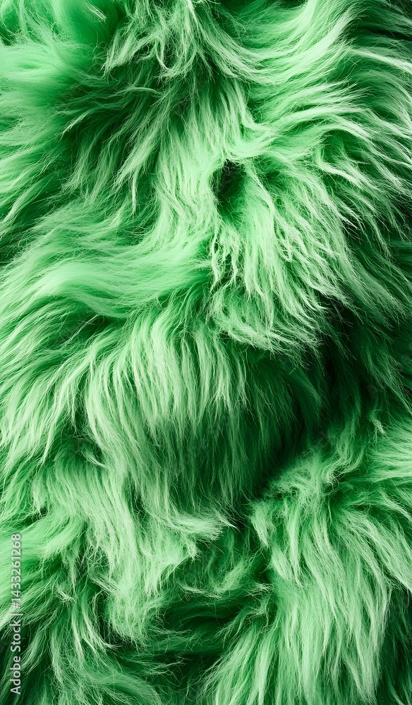 Vibrant green faux fur texture with long wavy fibers creating a luxurious plush surface, suitable for fashion and interior design backgrounds. Vibrant green faux fur texture with long wavy fibers creating a luxurious plush surface, suitable for fashion and interior design backgrounds.