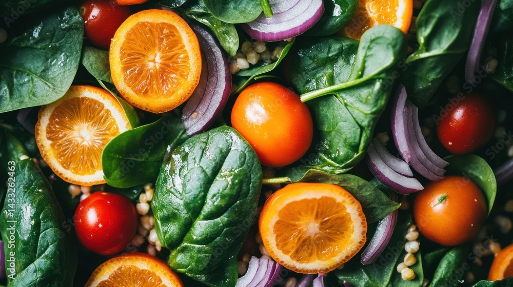 Fresh salad features vibrant oranges, red tomatoes, spinach leaves, red onion, healthy grains, wholesome ingredients. Fresh salad features vibrant oranges, red tomatoes, spinach leaves, red onion, healthy grains, wholesome ingredients.