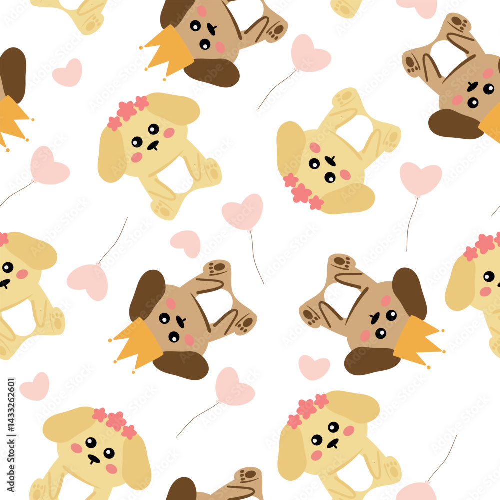 Obraz premium Seamless pattern cute cartoon a pair of cute puppies with pink love balloon animal pattern for wallpaper, background and gift wrap paper