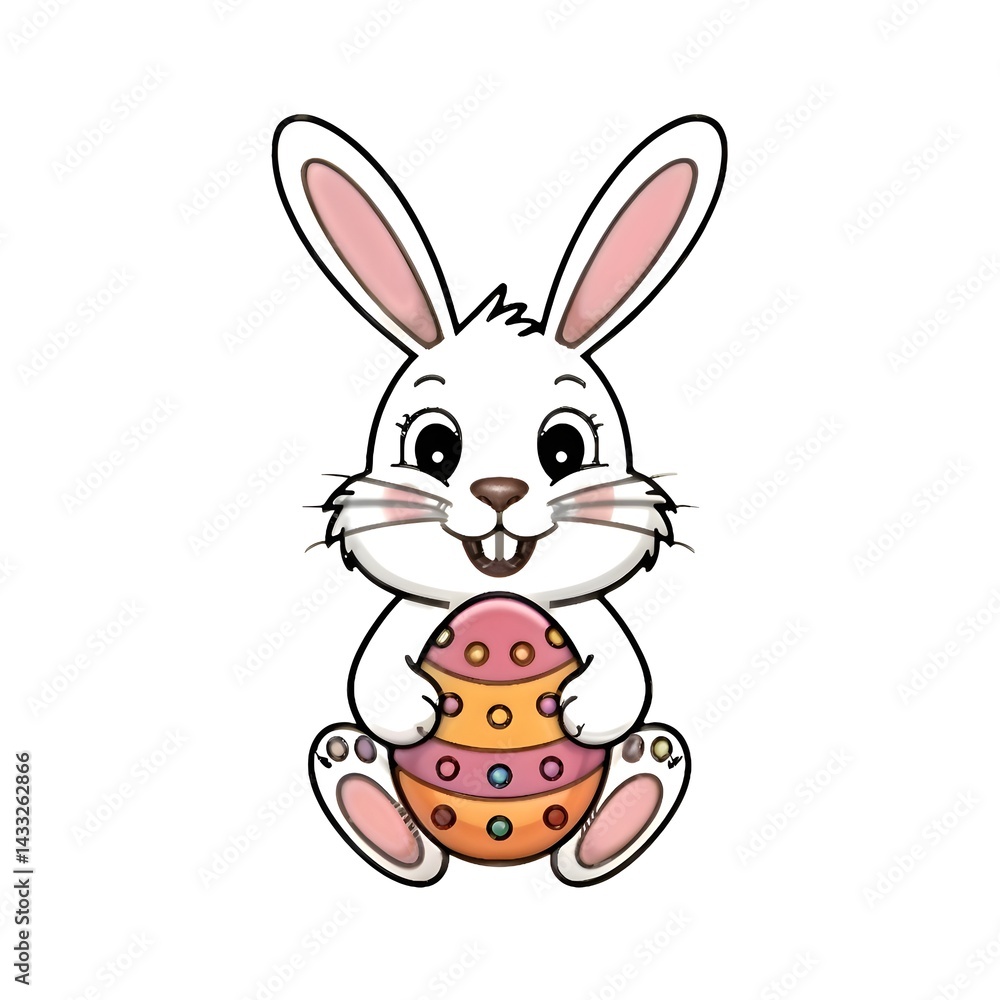 Obraz premium Cute White Easter Bunny Holding Decorated Egg – Vector Illustration