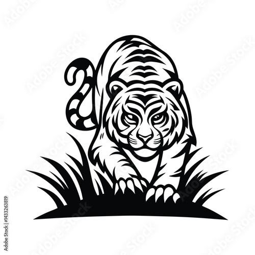 Striking Black and White Tiger Stalking Through Tall Grass Silhouette Style