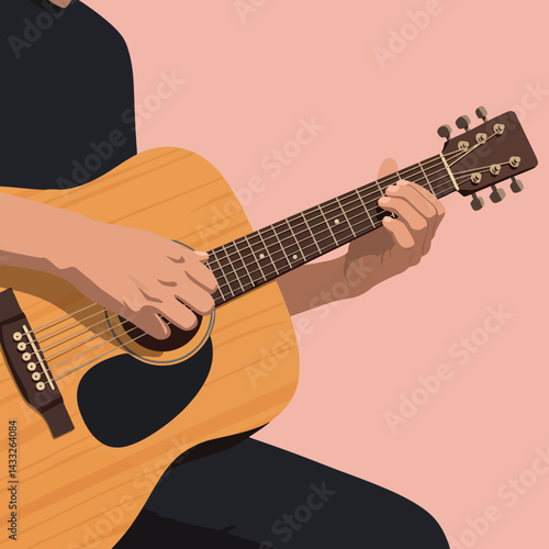 Acoustic guitar player strumming wooden guitar strings with hand on fretboard vector illustration 