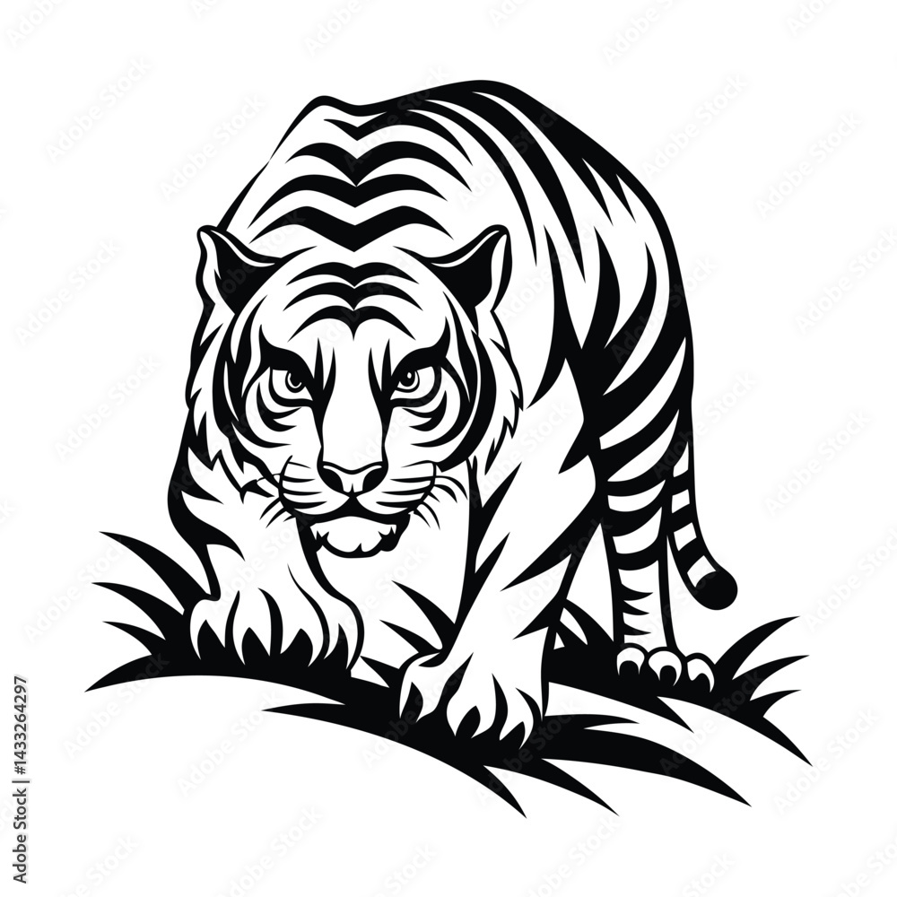 Striking Tiger Silhouette Bold Black and White Feline Prowling Through Grass Design Striking Tiger Silhouette Bold Black and White Feline Prowling Through Grass Design