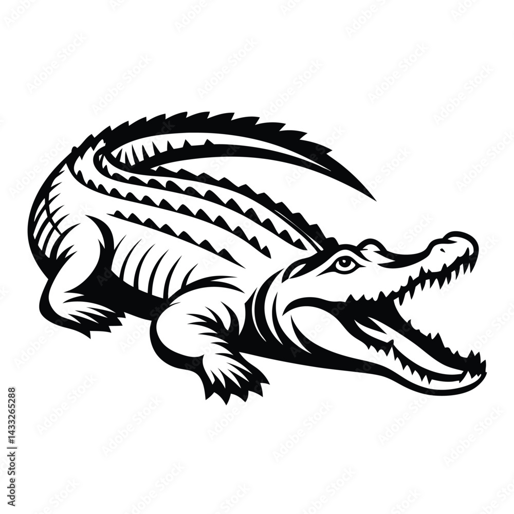 Black and White Alligator Silhouette with Open Mouth Isolated Wildlife Reptile Black and White Alligator Silhouette with Open Mouth Isolated Wildlife Reptile