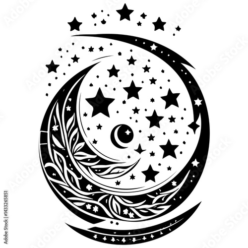 Crescent moon and celestial stars decorative tattoo style vector illustration