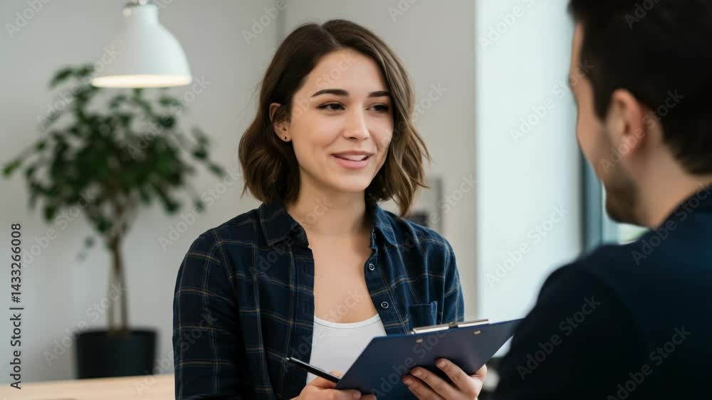 Smiling woman holding clipboard and pen during a meeting with a man in an office setting Smiling woman holding clipboard and pen during a meeting with a man in an office setting