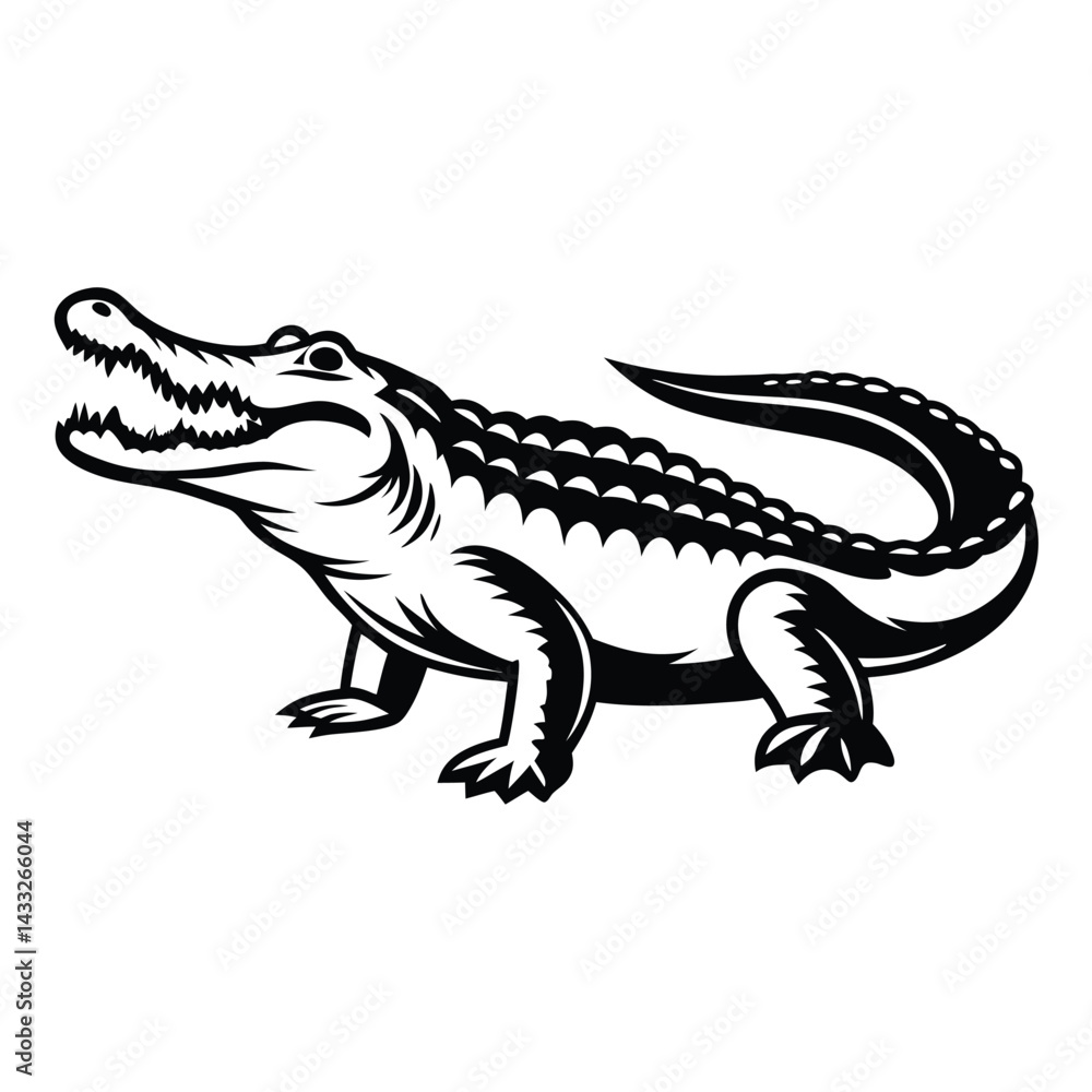 Fototapeta premium Bold Alligator Silhouette, Open Mouth, Scales Texture, Wildlife Creature, Strong Design