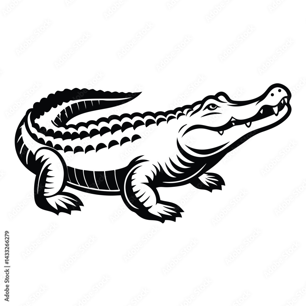 Fototapeta premium Black Silhouette of Walking Alligator, Reptile with Scales, Teeth, Eye on White Background